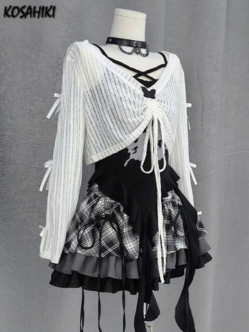 Y2k Aesthetic Outfits | 3 Piece Sets | Sun Protection Drawstring Crop T-shirt + Irregular Print Vest + Plaid Patchwork Skirts