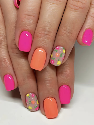 Short pink and orange square nail stickers for spring and summer