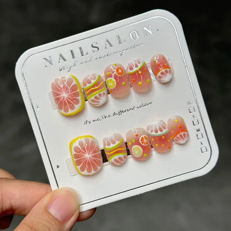 10 Summer Press On Nails | Lemon Fruit Cartoon Cloud False Nail for Women
