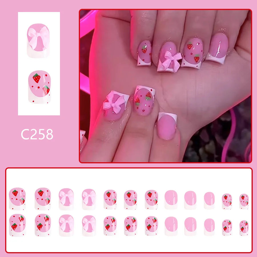 24 Red Strawberry Nail Designs | 3D Bowknots Decor White French Style Press On Nails