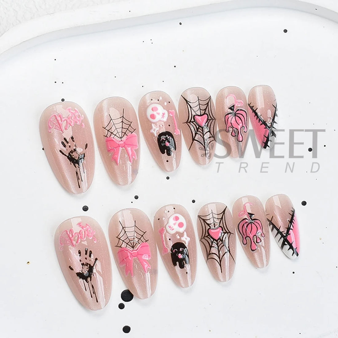 24 Cartoon Halloween nails | Cat Eye Shimmer Wearable Fake Nails | Skull Spider Almond Tips