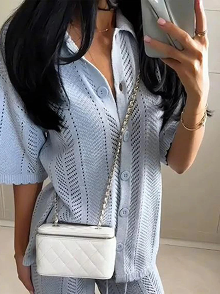 Knit Pants Suits | Women Lapel Short Sleeves Hollow Out Single Breasted Outfits