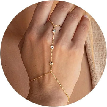 Hand Chain Ring Bracelet Jewelry for Women | Girl Dainty 14k Gold Plated Trendy Finger Ring