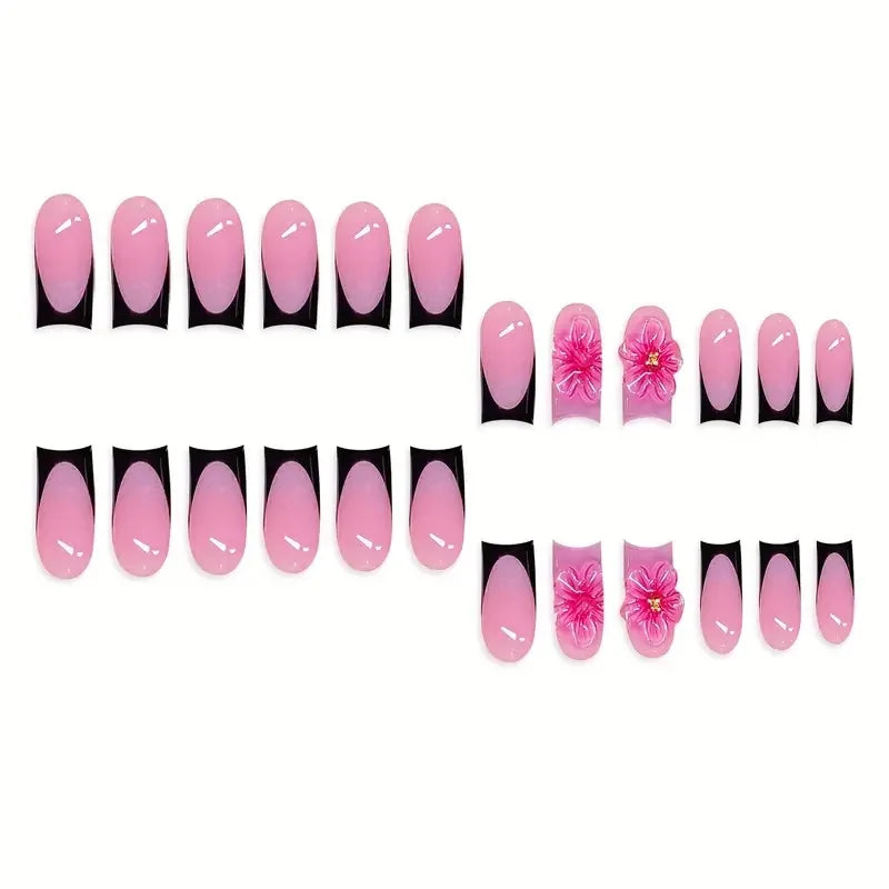 24 3d Flower Nails | French Style Press On Nails | Short Square European Wearable Nail