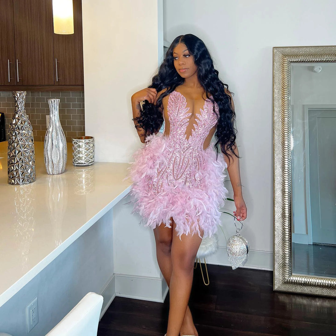 Luxury Pink Prom Dress |  Feather Black Girl Short Prom Dresses For Birthday Party