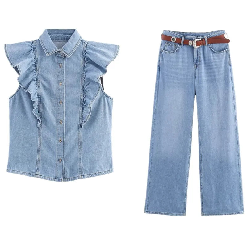 Women's Denim Set Women | High Waist Long Pants Layered Design Faion Set