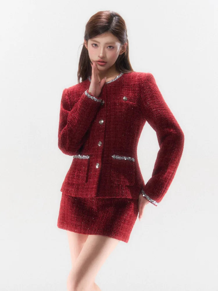 Christmas Outfits For Ladies | High Quality French Tweed Two Piece Set Women Luxury Jacket Coat + Mini Skirt