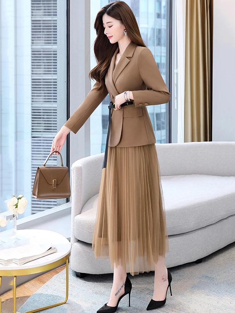 Layered Fall Fashion Outfits | Spring Blazer Two Piece Set Women Lapel Long Sleeve Double Breasted Blazer+High Waist Pleated Layers Mesh Skirt Female Outfit