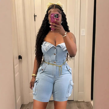 Denim Jumpsuit Outfit Ideas | One Piece Strapless Sleeveless Jeans Overalls Pants