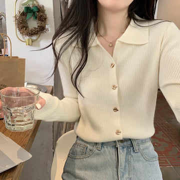 Women Fashion Button Knitted Cardigan Sweater |  Polo Neck Long Sleeve Solid Knitwear | Street Tops