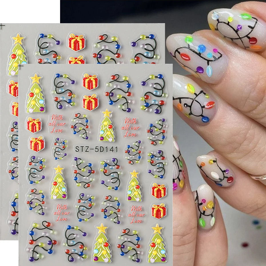 Colorful Christmas Nails | Green Christmas Tree with Red Gift Decals | DIY Manicure