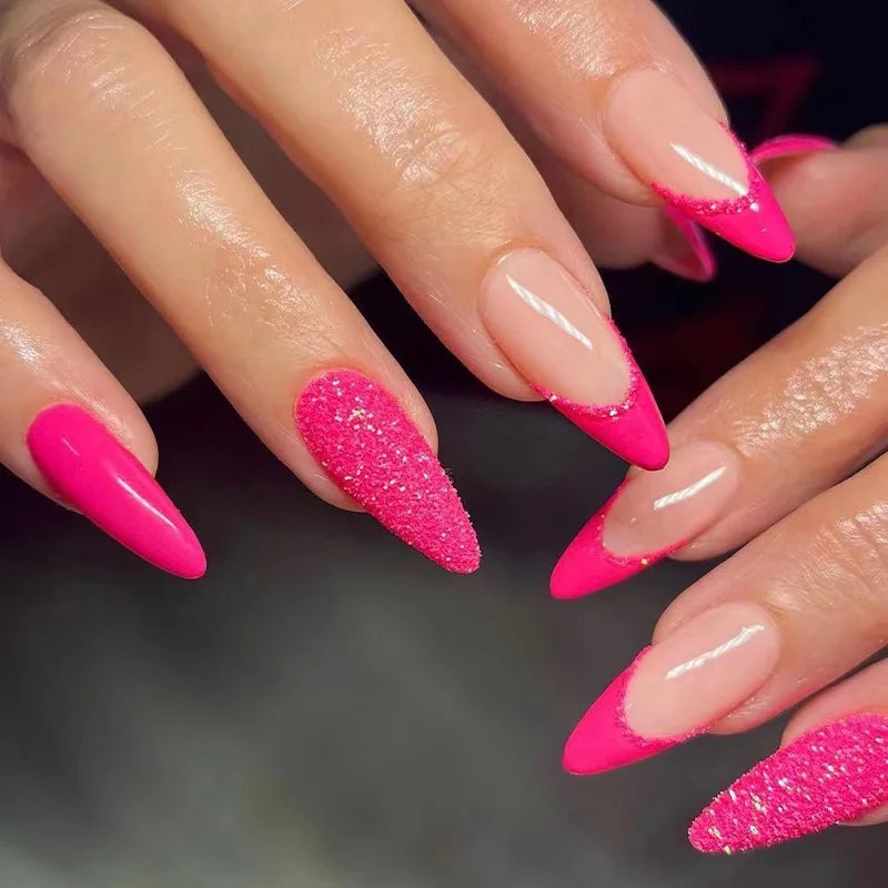 Rose Pink French Glitter Almond Nails ong | Full Cover Finished False Nails Press on with Glue