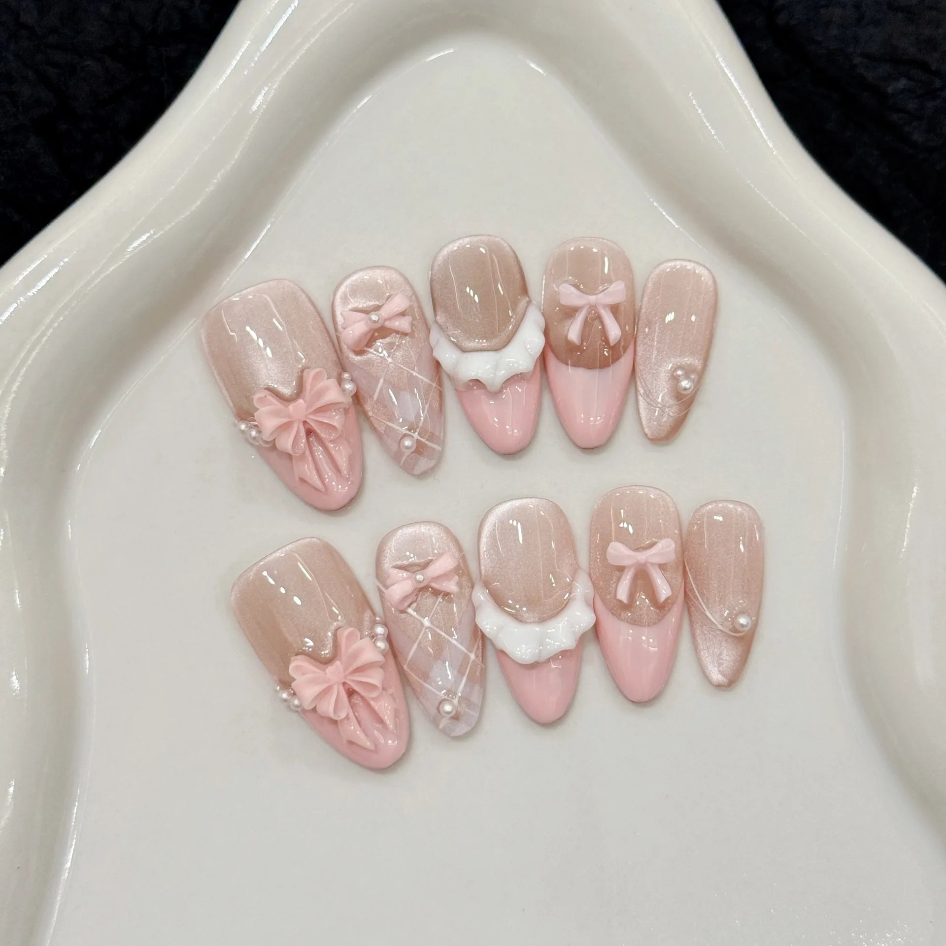 10 pcs Back To School Nails For 8th Graders | Cat Eye Pink Bow Decor Korean False Nails