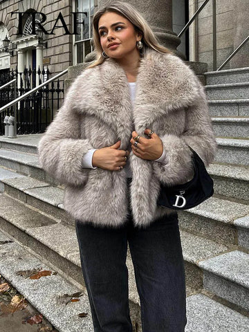 TRAFZA Women Faux Fur Jacket Coat | Long Sleeve Front Snap-button Female Outerwear