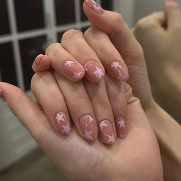 24 Nude Color False Nails | Pink Star Printed | Nails For School short |  Y2K Girls Summer Fake Nails