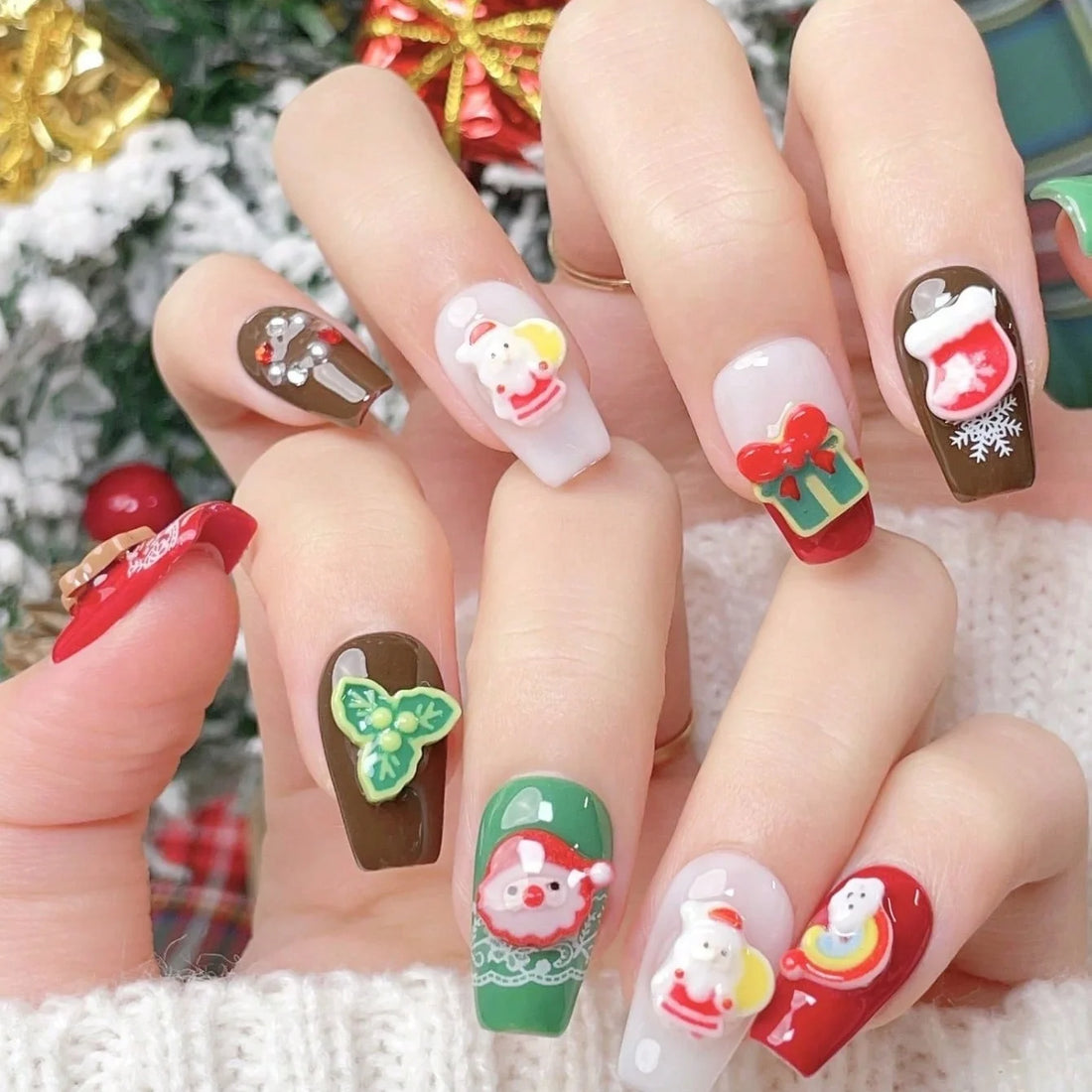 10 beautiful fake nails, colorful Christmas festive nails ideas, suitable for women to use