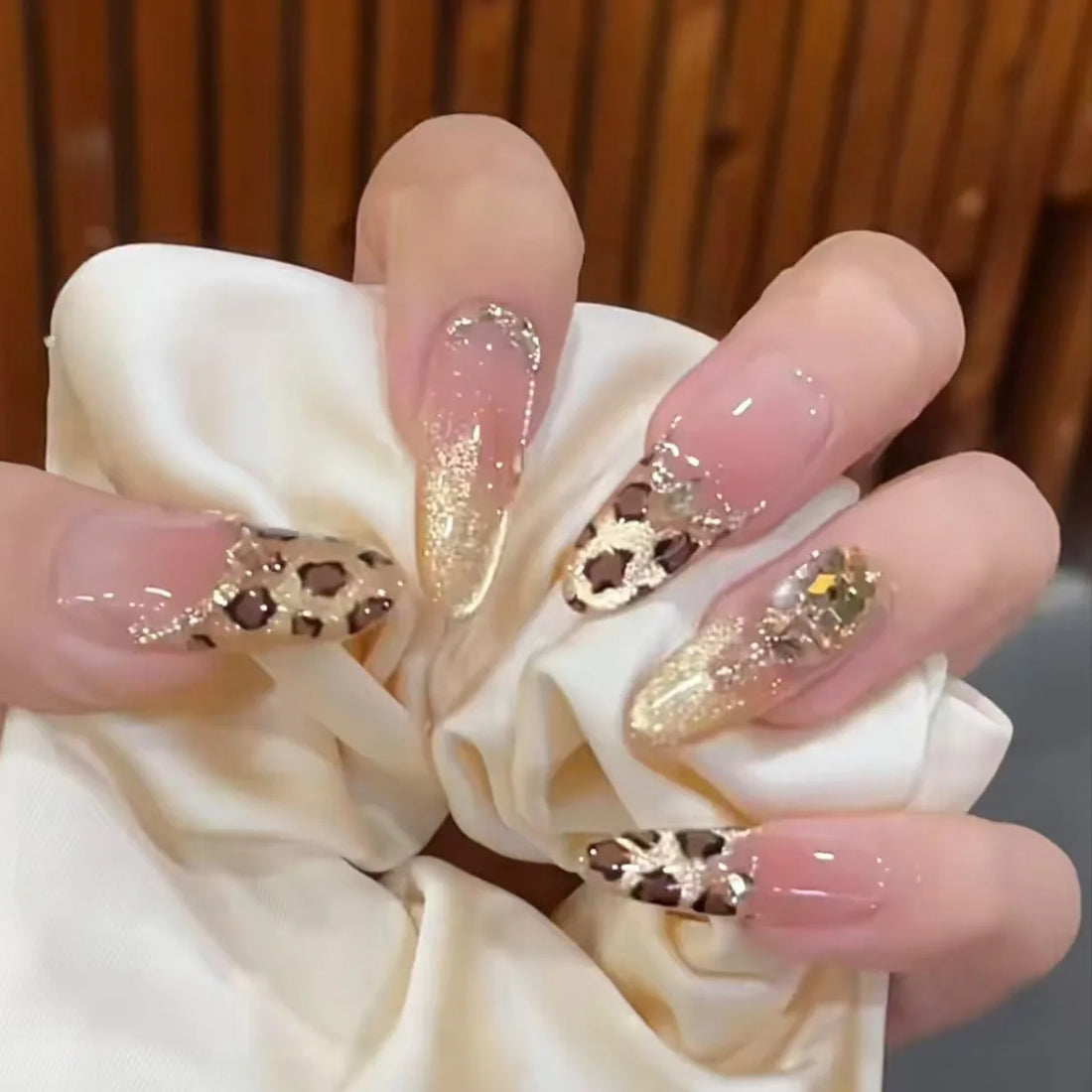 10pcs Handmade Press on Nails Long Oval French Leopard cat eye nail designs for Women&Girl