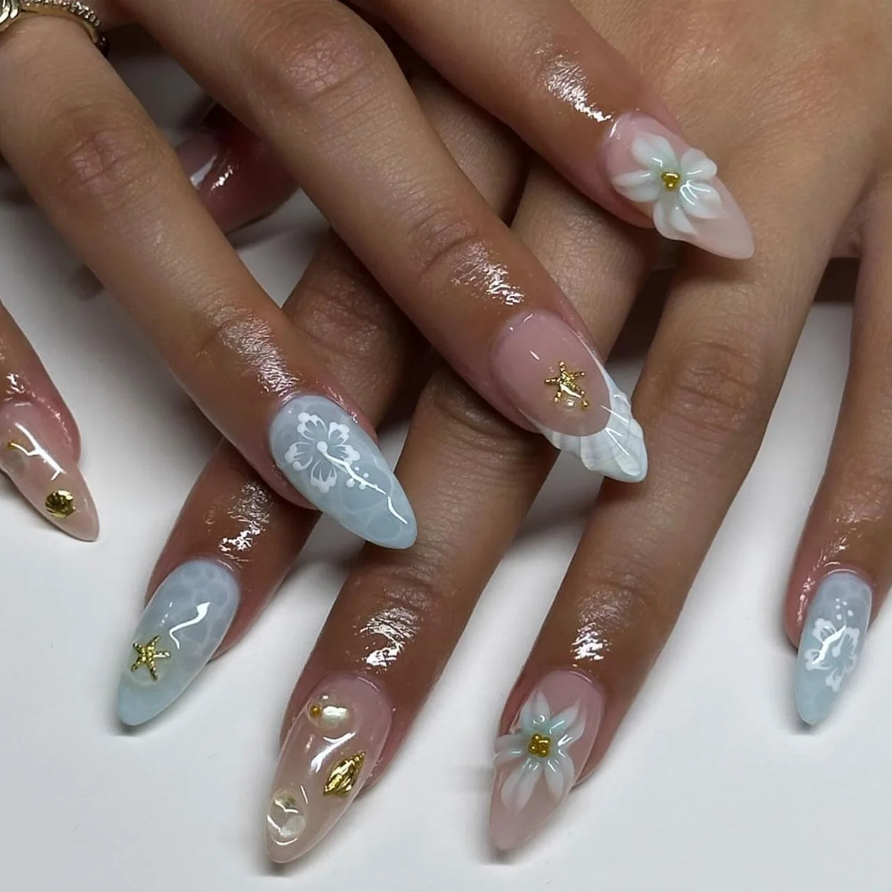 24pcs Summer Beach Style Nails Almond Shape
