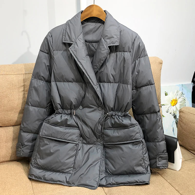 Lagabogy New Winter Women White Duck Down Coat Female Notched Collar Double Breasted Coats Casual Lady Drawstring Puffer Outwear