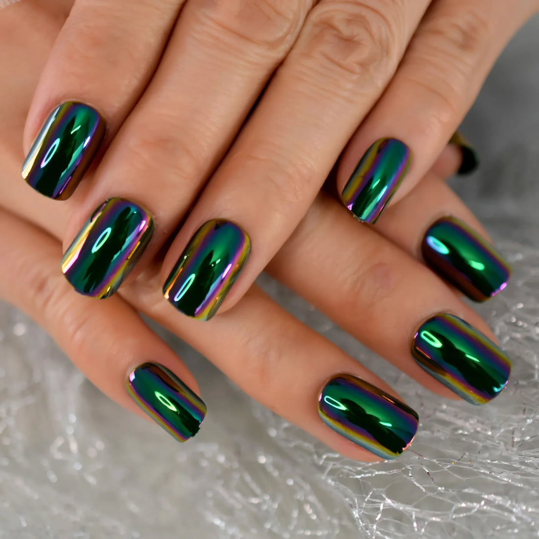 Metallic Green Summer Nails | Square Medium Length Fashion Woman Dating Party