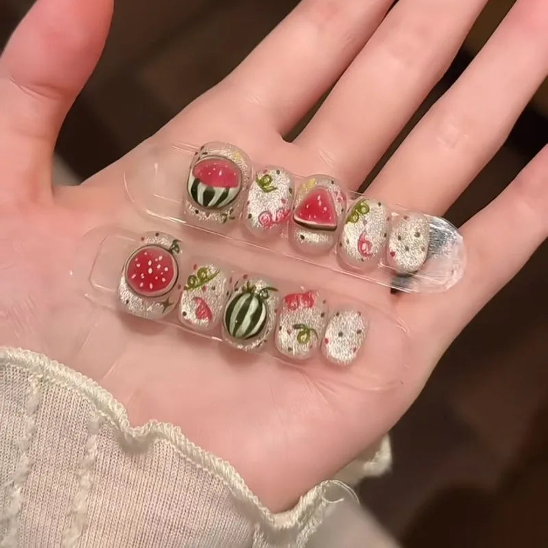10 Pieces Summer Cold Watermelon Press On Nails | Cute Fresh Translucent Short False Nails