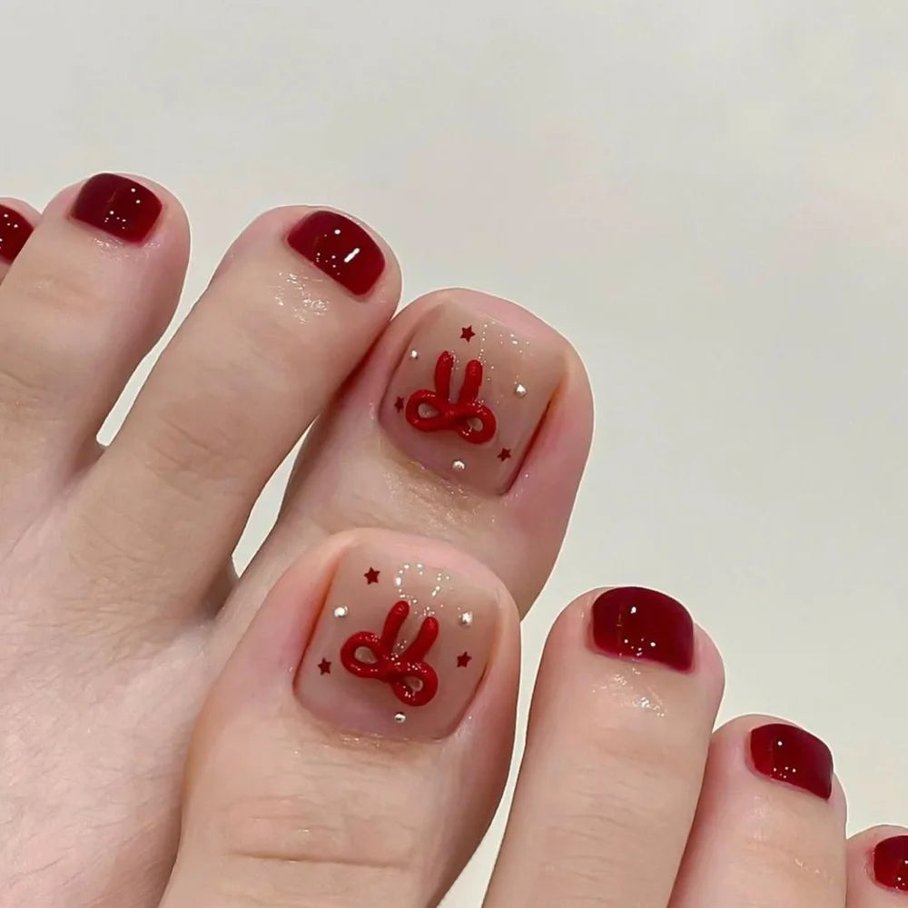 24 Bow Design On Toenails | Five-pointed Star Diamond Decor False Toenail