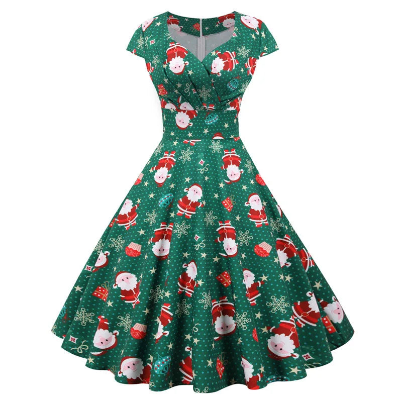 Fashion V-neck Short Sleeve Christmas Dress | Large Swing Vintage Elegant Xmas Party Dress