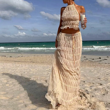 Women Backless Boho Dress Suit | 2 Piece Beach Holiday Outfits Vintage