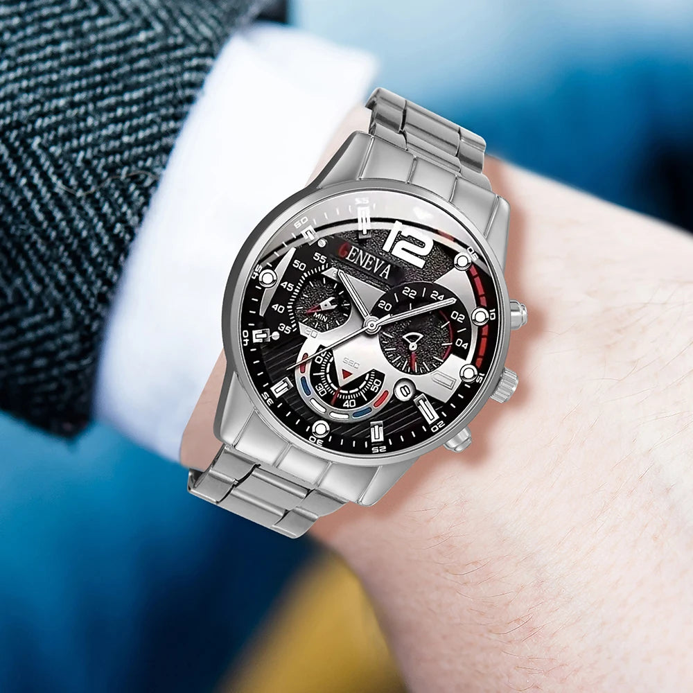 4PCS/Set Unique Gift For Boyfriend Birthday | Stainless Steel Band Watch Casual Calendar Quartz Watch