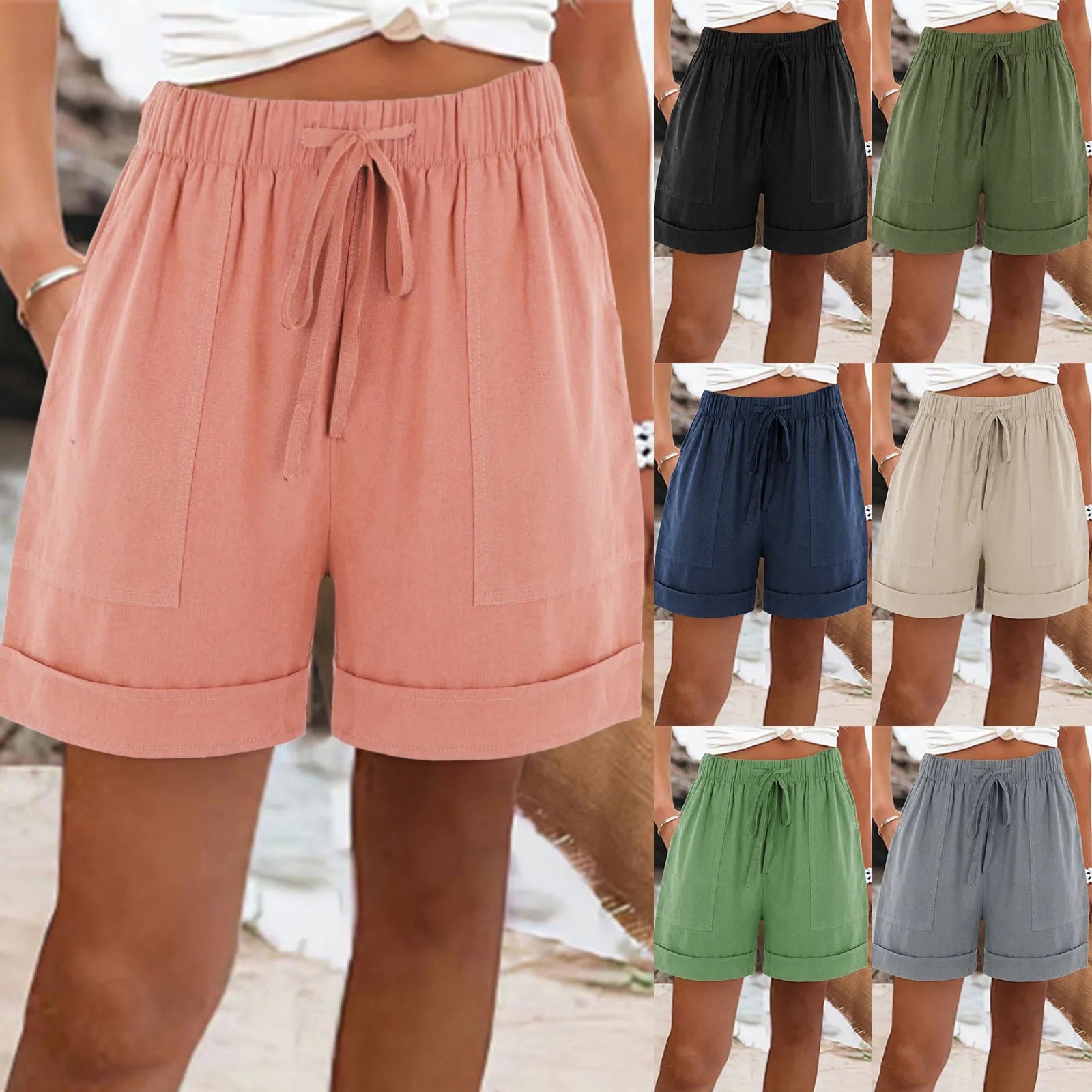 Women's Casual High Waist Beach Shorts with Drawstring