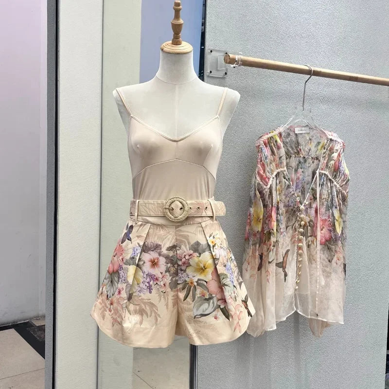 Long Sleeve Blouse | High Waist Shorts Floral Australian Designer Luxury Vintage Two Piece Set