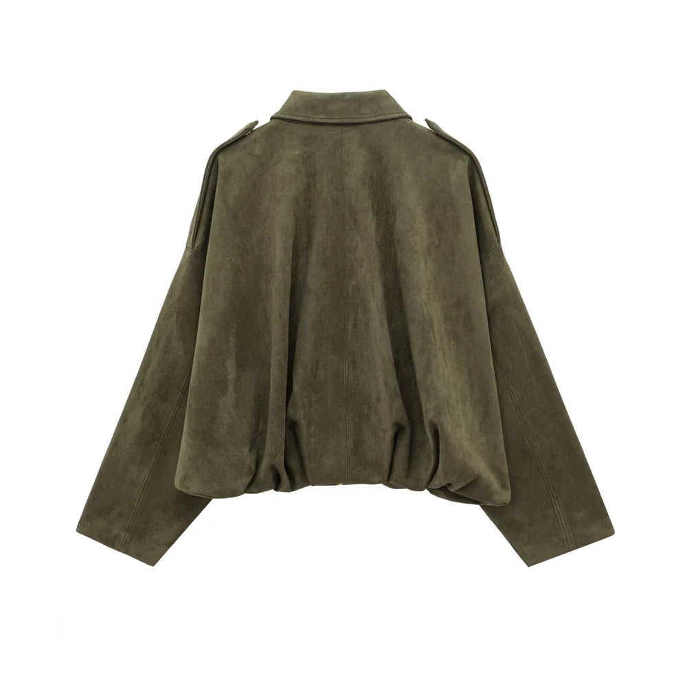 Collared Jacket Women's with Shoulder Straps Loose Fit | Stylish Olive Green