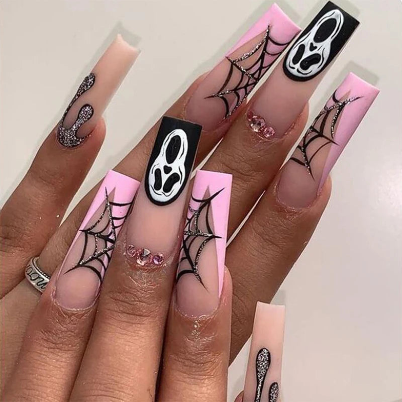 Long Halloween Acrylic Nails | Almond Shape Fake Nails | Full Cover Glue On Nails