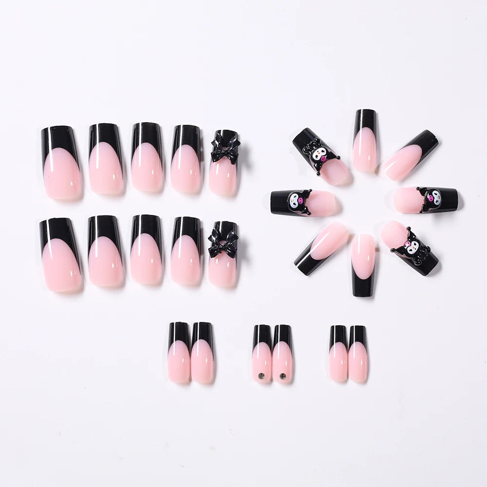 24 Hello Kitty Press On Nails | Cute Cartoon Black Square Fake Nails with Bow