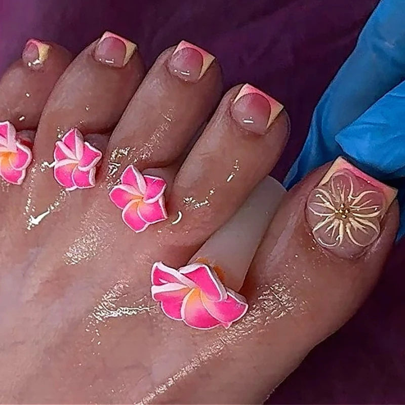 Orange French Summer 3D Flowers Nail Art Wearable Fashion Fake Toenails Detachable Finished Toe False Nails Press on Nails