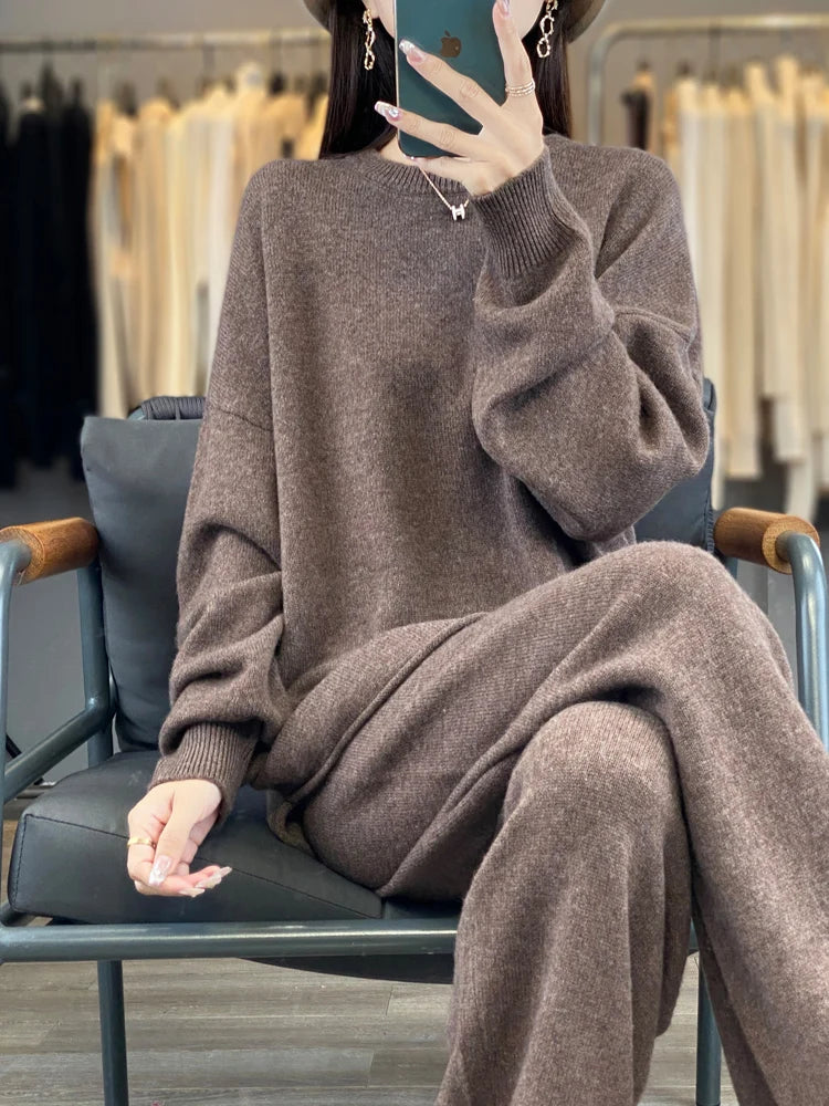 Women's Loose Suit | Winter 100% Merino Wool O-neck Pullover Sweater | High Waist Straight Pants