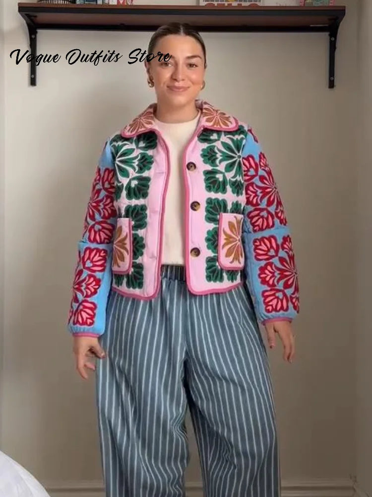 Chic Colorful Print Short Coat For Ladies | Lapel Single Breasted Pocket Full Sleeve Jacket