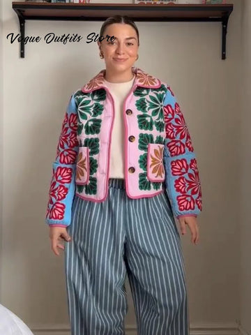 Chic Colorful Print Short Coat For Ladies | Lapel Single Breasted Pocket Full Sleeve Jacket
