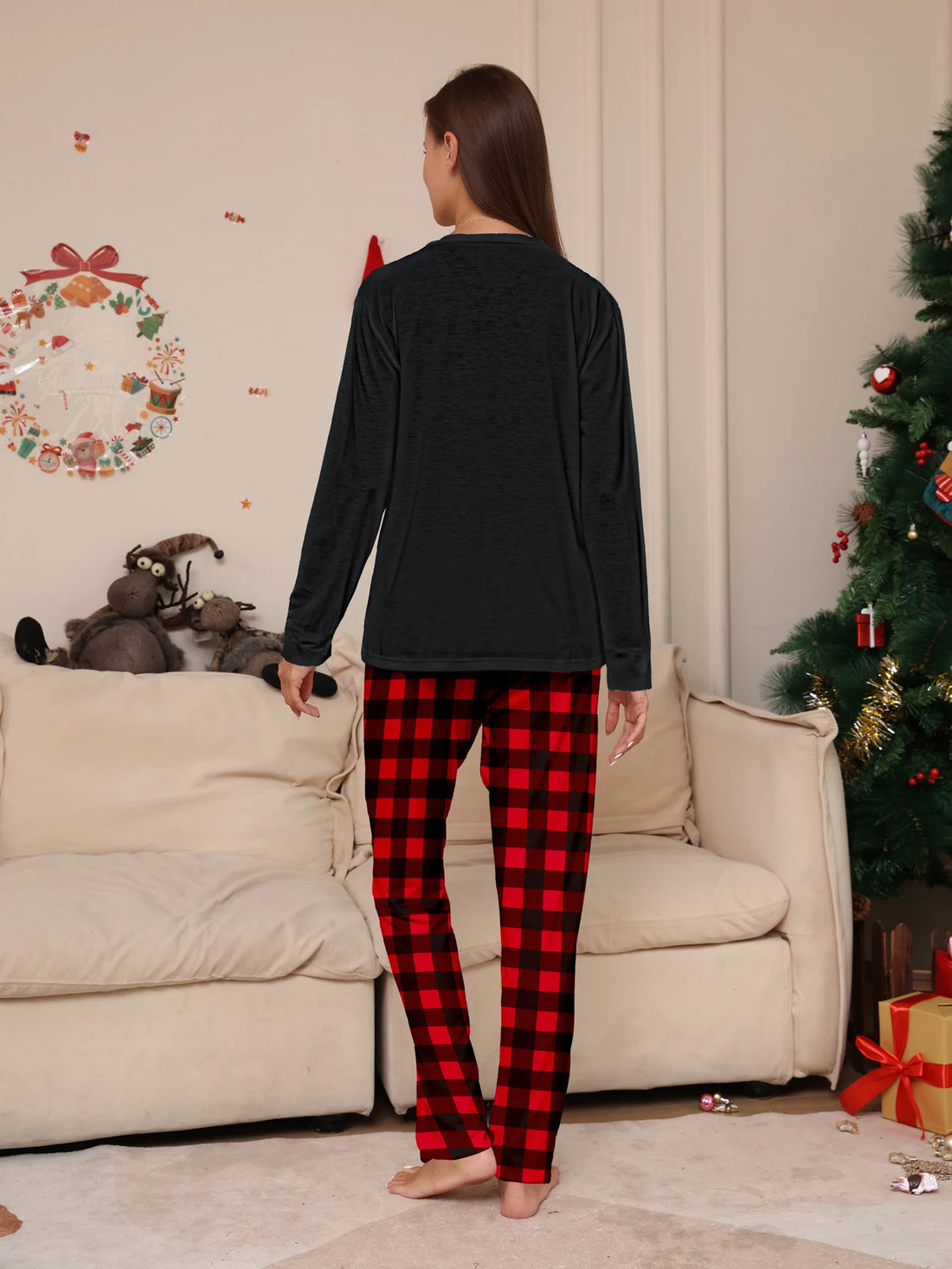 Women's Christmas Pajamas Set with Snowman Face Print, Red & Black Plaid Pants