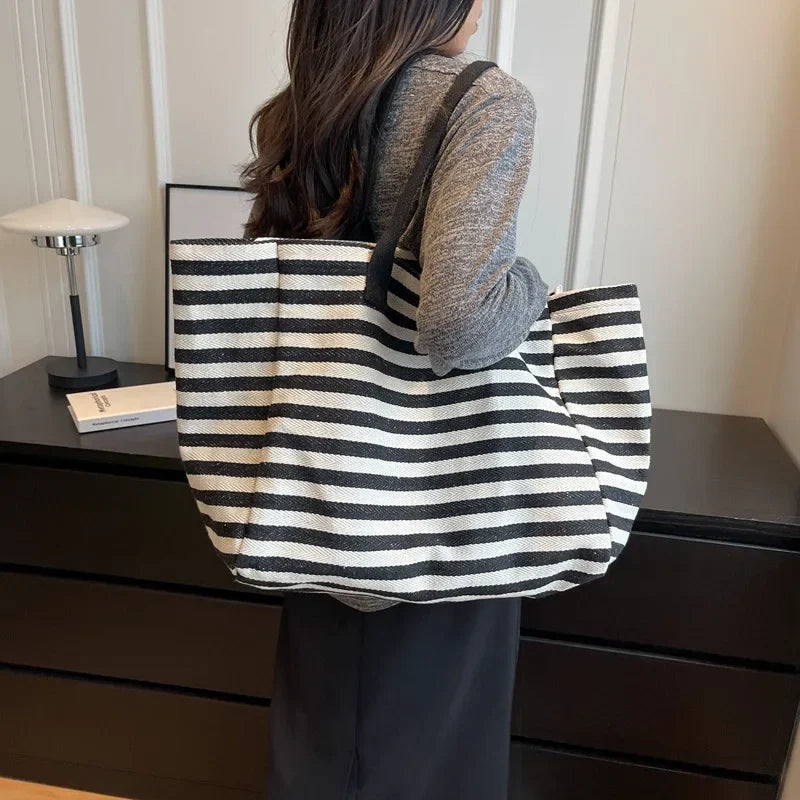 Casual Striped Canvas Bag For Women | Large Capacity Shoulder Bag