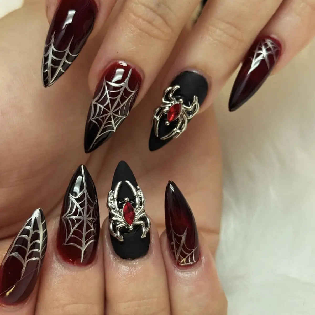 24 Halloween Nails Spider | Punk False Nail Tips | Metal Almond Press on Nails