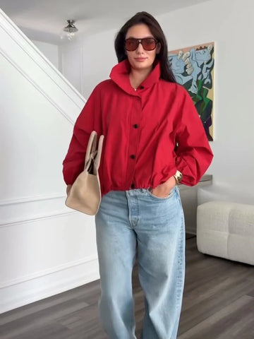 Long Sleeve Bomber Jacket | Elegant Red Jacket Women | Chic Outerwear