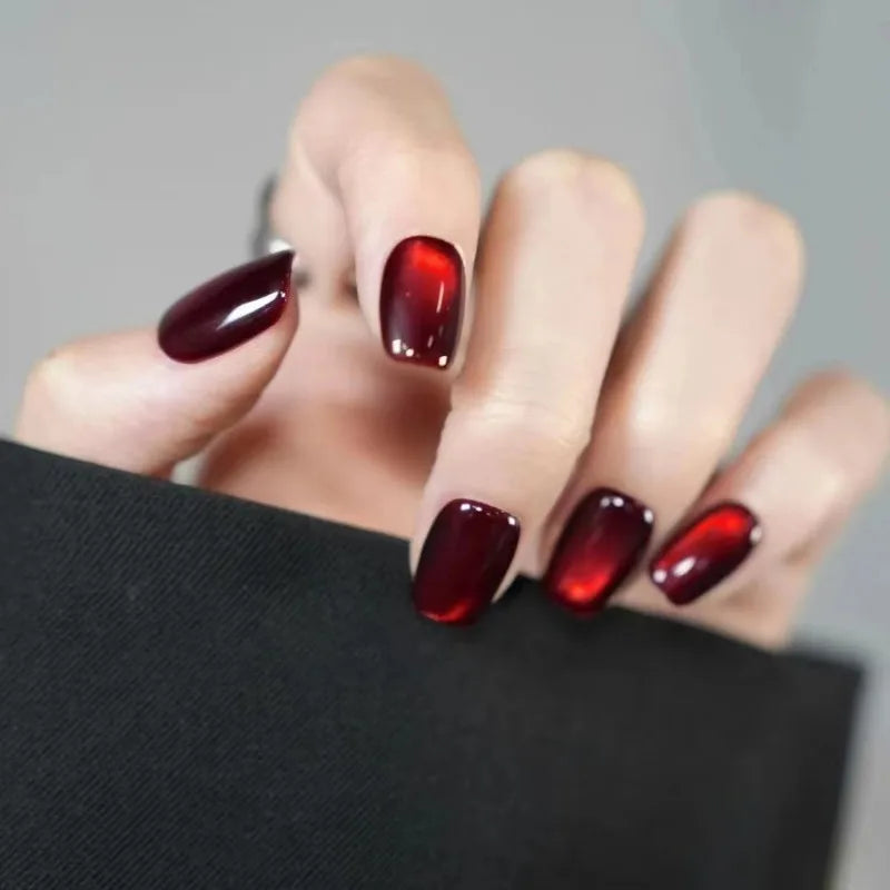 24pcs Dark Red Cat Eye Christmas Nails