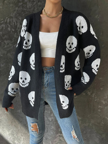 Halloween Cardigan Sweater | Long Sleeve Open Front Skull Print Knitwear Sweater