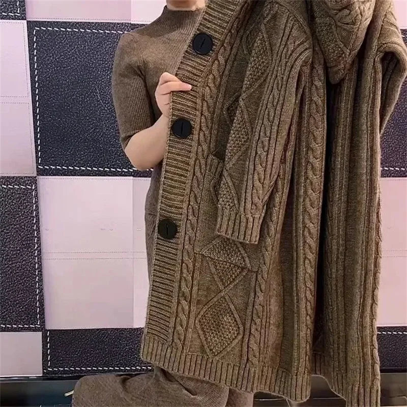 Long Knit Cardigan | Large Size Women Long Hooded Single Breasted Knitted Cardigan