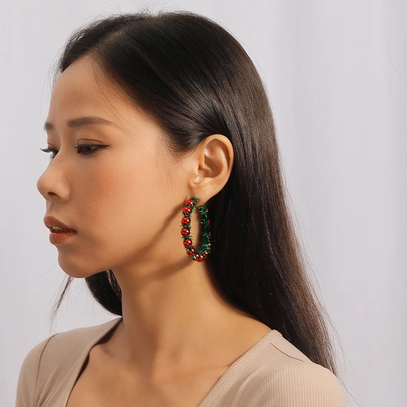 Fashion Merry Christmas Wreath Circle Hoop Earrings for Women Girls New Year Party Festival Jewelry Gifts