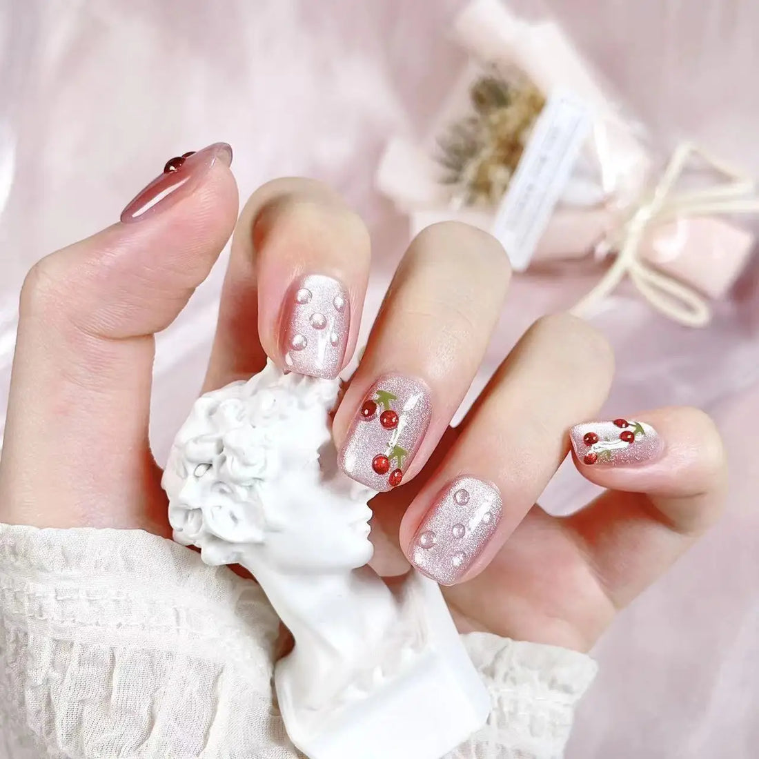 10 Cat Eye Cherry Nails | HandPainted Pattern Fairy All Match False Nail for Women