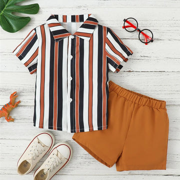 4-7 Years First Day Of School fits | Boy Striped Short Sleeves Shirt+Solid Shorts 2PCS Summer Outfit