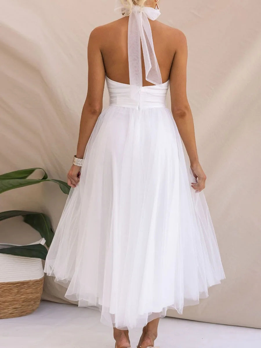 Backless Maxi Dress Wedding Guest | Adjustable Tie Halter Neck Tulle High Waist Solid Party Wedding Dress