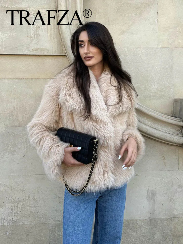 TRAFZA Women Faux Fur Jacket Coat | Long Sleeve Front Snap-button Female Outerwear